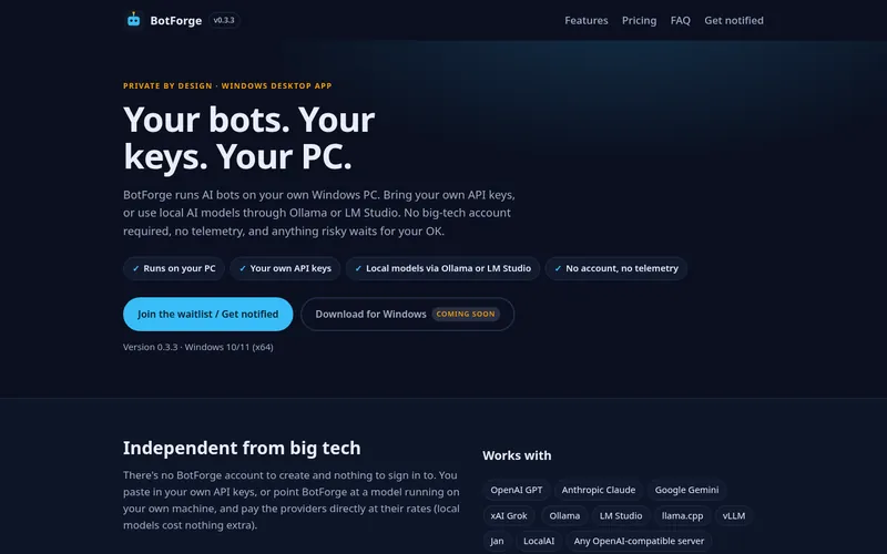 BotForge landing page with the headline Your bots. Your keys. Your PC. and a Join the waitlist button