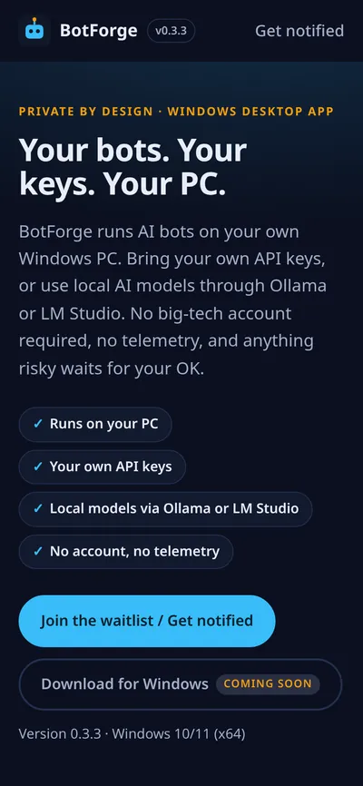 BotForge landing page on a phone