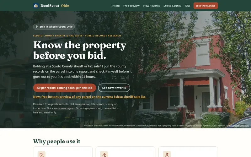 deedscout.us home page with the headline Know the property before you bid, a waitlist button for the Standard Report and a link to the free instant preview
