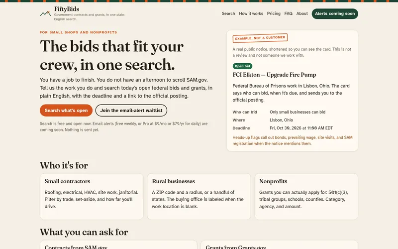 fiftybids.com home page with a search for government contracts and grants