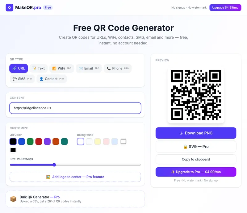 makeqr.pro generator on a desktop browser with the URL type selected, https://ridgelineapps.us entered, and the finished QR code preview next to a Download PNG button