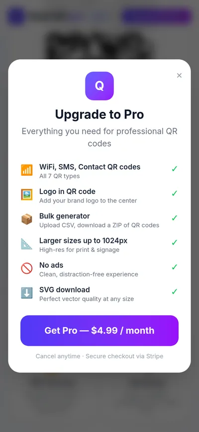 makeqr.pro Upgrade to Pro panel on a phone listing the Pro features and a Get Pro button for $4.99 a month
