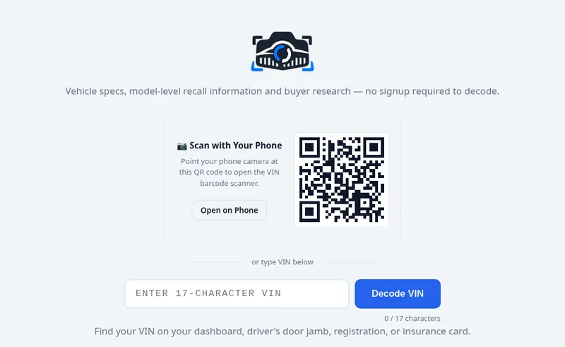 snap.vin homepage on a desktop browser: a VIN entry box with a blue Decode VIN button, plus a QR code for opening the barcode scanner on your phone