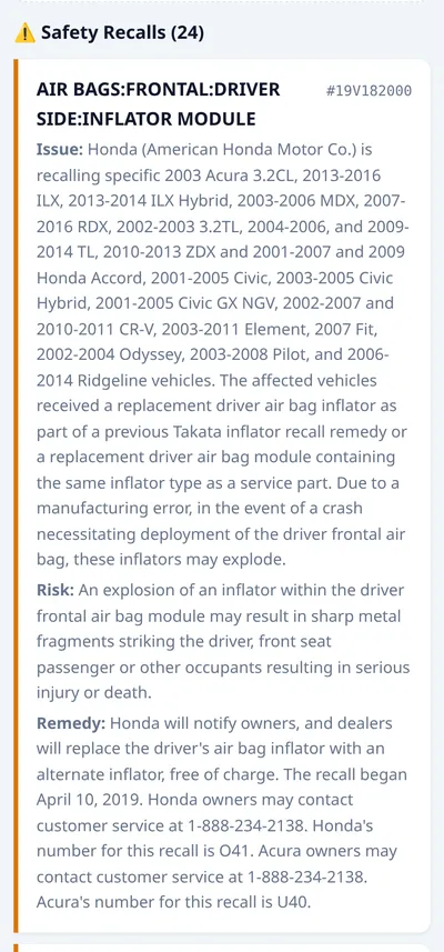 snap.vin recall details on a phone for a 2003 Honda Accord air bag inflator recall