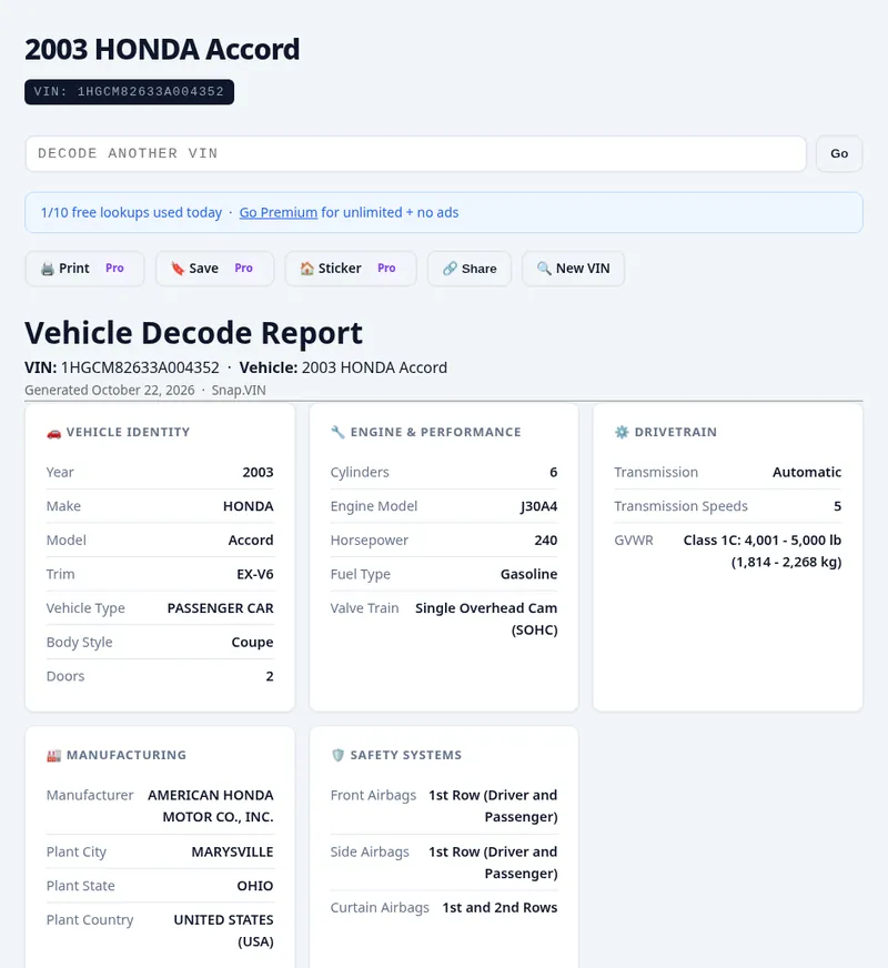 snap.vin decode report for VIN 1HGCM82633A004352, a 2003 Honda Accord EX-V6, with cards for vehicle identity, engine and performance, drivetrain, manufacturing and safety systems