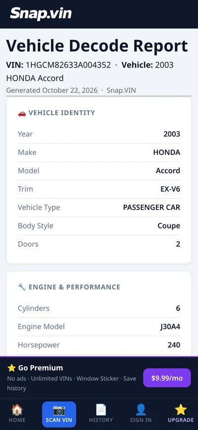 snap.vin decode report on a phone for a 2003 Honda Accord, listing year, make, model, trim, body style and engine details