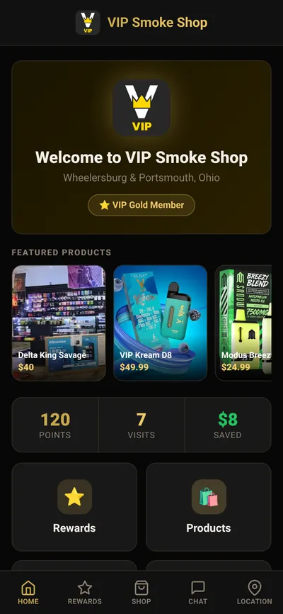VIP Smoke Shop demo web app home screen with featured products, rewards points and navigation